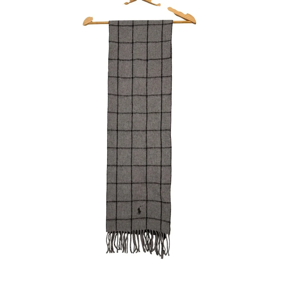Polo Ralph Lauren Grey Windowpane Check Wool Blend Fringed Scarf Pony Logo
